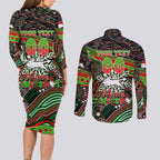 Merry Christmas Rabbitohs Couples Matching Long Sleeve Bodycon Dress and Long Sleeve Button Shirt Aboriginal Santa Rugby Mascot - South Sydney Bunnies