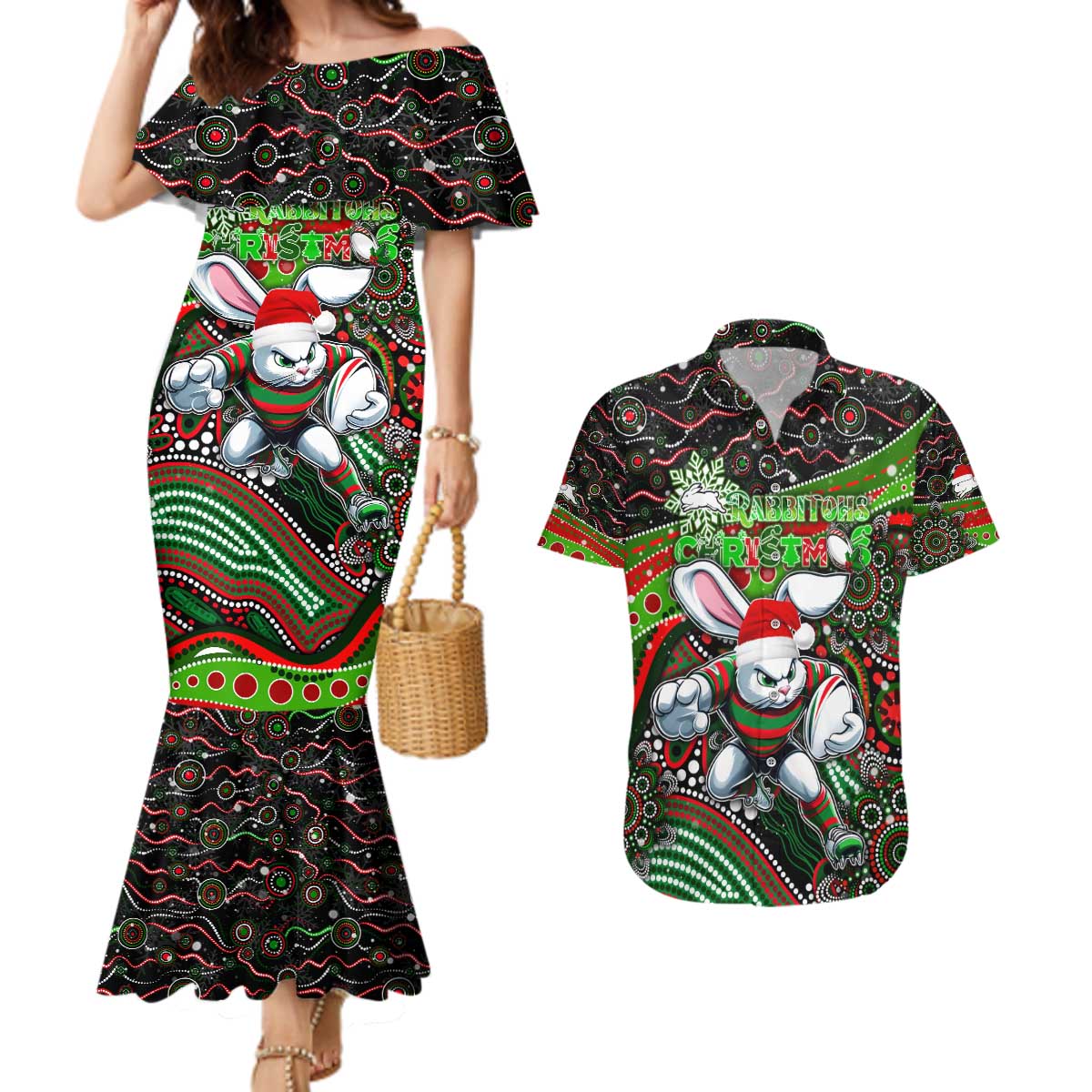 Merry Christmas Rabbitohs Couples Matching Mermaid Dress and Hawaiian Shirt Aboriginal Santa Rugby Mascot - South Sydney Bunnies