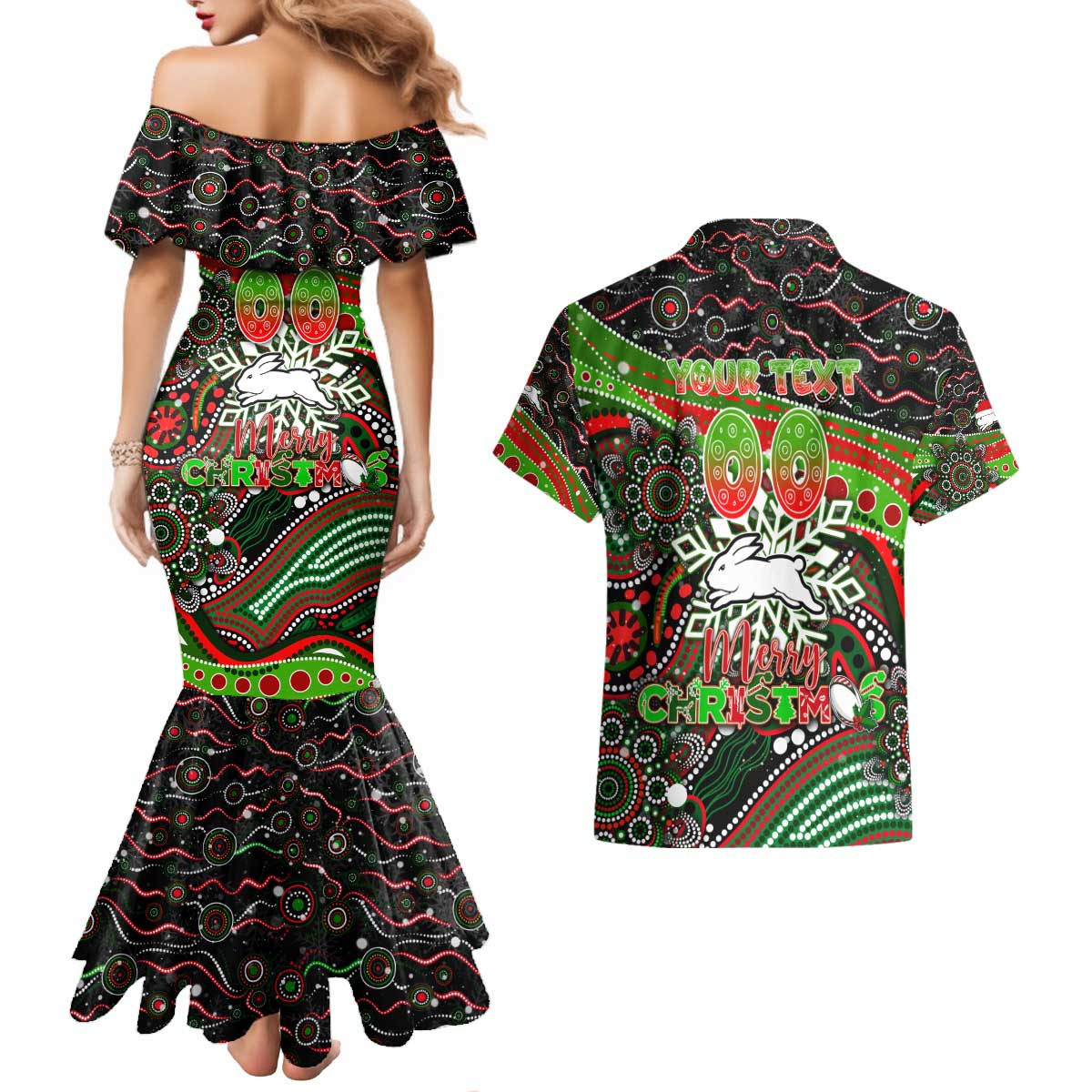 Merry Christmas Rabbitohs Couples Matching Mermaid Dress and Hawaiian Shirt Aboriginal Santa Rugby Mascot - South Sydney Bunnies