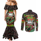 Merry Christmas Rabbitohs Couples Matching Mermaid Dress and Long Sleeve Button Shirt Aboriginal Santa Rugby Mascot - South Sydney Bunnies
