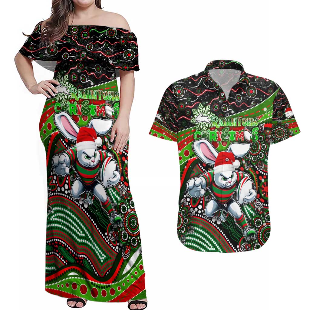 Merry Christmas Rabbitohs Couples Matching Off Shoulder Maxi Dress and Hawaiian Shirt Aboriginal Santa Rugby Mascot - South Sydney Bunnies