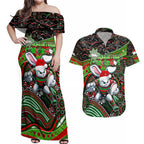 Merry Christmas Rabbitohs Couples Matching Off Shoulder Maxi Dress and Hawaiian Shirt Aboriginal Santa Rugby Mascot - South Sydney Bunnies