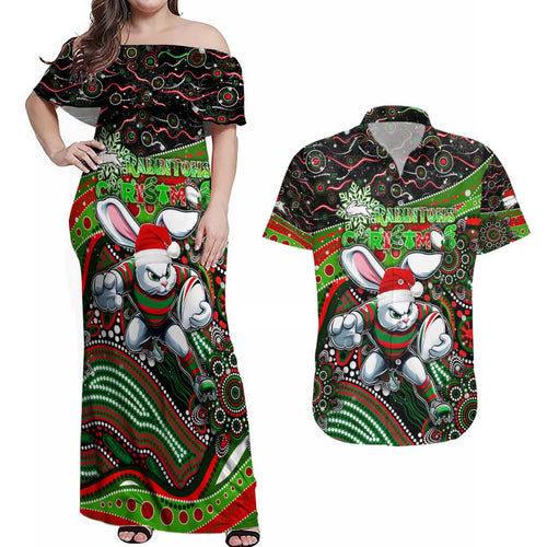 Merry Christmas Rabbitohs Couples Matching Off Shoulder Maxi Dress and Hawaiian Shirt Aboriginal Santa Rugby Mascot - South Sydney Bunnies