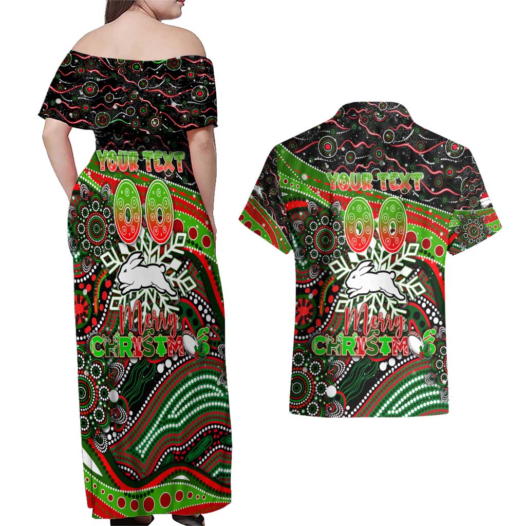 Merry Christmas Rabbitohs Couples Matching Off Shoulder Maxi Dress and Hawaiian Shirt Aboriginal Santa Rugby Mascot - South Sydney Bunnies