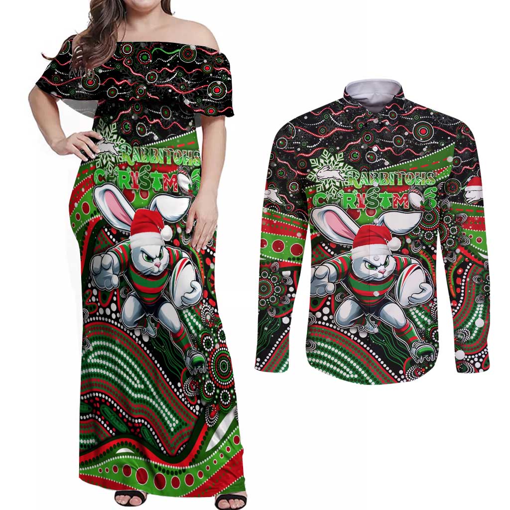 Merry Christmas Rabbitohs Couples Matching Off Shoulder Maxi Dress and Long Sleeve Button Shirt Aboriginal Santa Rugby Mascot - South Sydney Bunnies