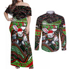 Merry Christmas Rabbitohs Couples Matching Off Shoulder Maxi Dress and Long Sleeve Button Shirt Aboriginal Santa Rugby Mascot - South Sydney Bunnies