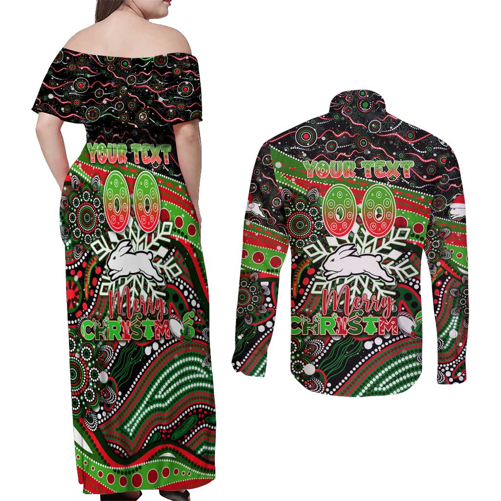 Merry Christmas Rabbitohs Couples Matching Off Shoulder Maxi Dress and Long Sleeve Button Shirt Aboriginal Santa Rugby Mascot - South Sydney Bunnies