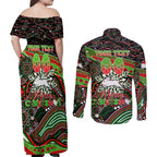 Merry Christmas Rabbitohs Couples Matching Off Shoulder Maxi Dress and Long Sleeve Button Shirt Aboriginal Santa Rugby Mascot - South Sydney Bunnies