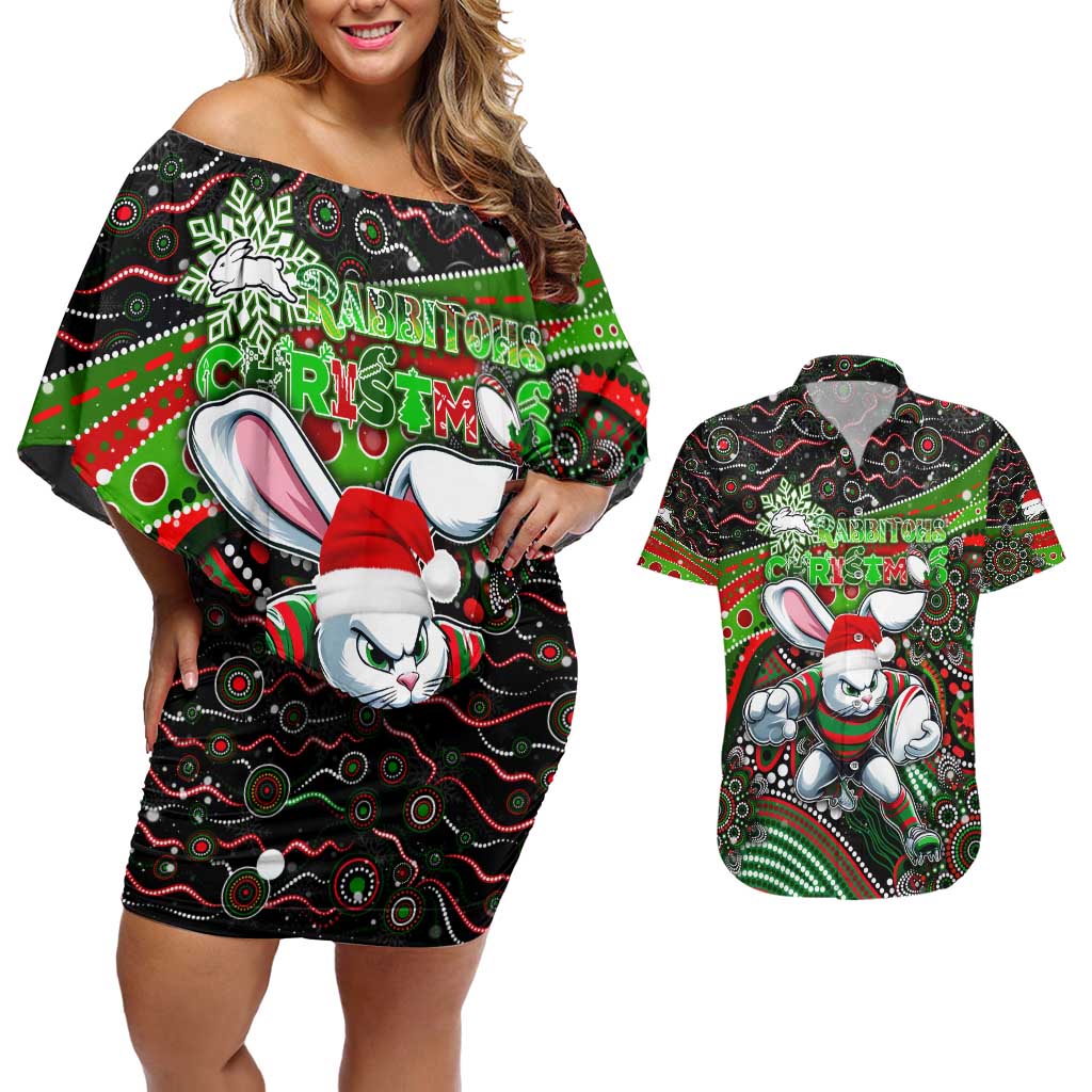 Merry Christmas Rabbitohs Couples Matching Off Shoulder Short Dress and Hawaiian Shirt Aboriginal Santa Rugby Mascot - South Sydney Bunnies