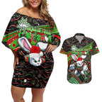 Merry Christmas Rabbitohs Couples Matching Off Shoulder Short Dress and Hawaiian Shirt Aboriginal Santa Rugby Mascot - South Sydney Bunnies