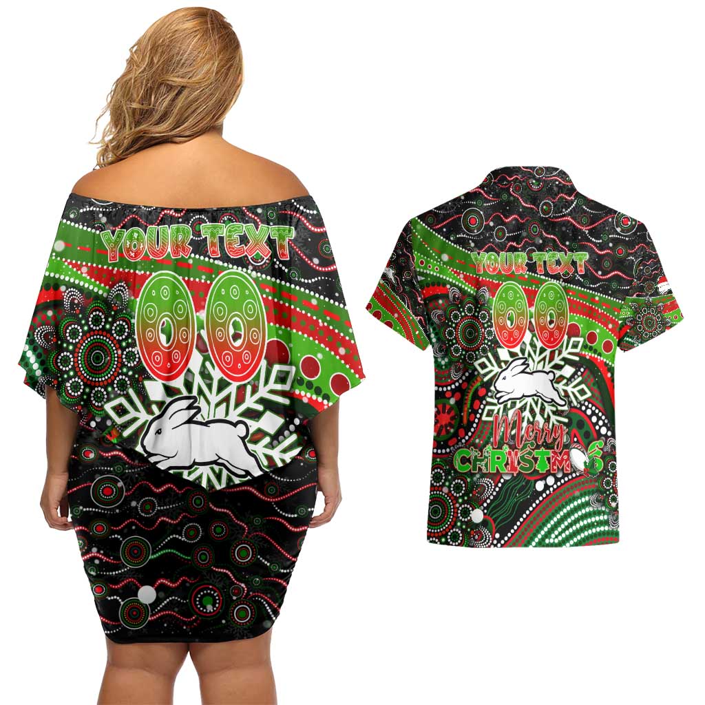 Merry Christmas Rabbitohs Couples Matching Off Shoulder Short Dress and Hawaiian Shirt Aboriginal Santa Rugby Mascot - South Sydney Bunnies