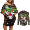 Merry Christmas Rabbitohs Couples Matching Off Shoulder Short Dress and Long Sleeve Button Shirt Aboriginal Santa Rugby Mascot - South Sydney Bunnies
