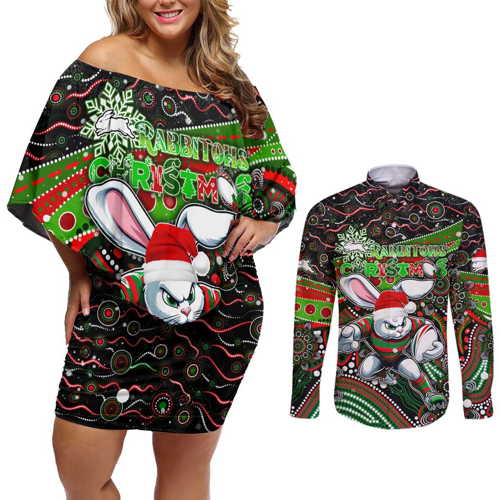 Merry Christmas Rabbitohs Couples Matching Off Shoulder Short Dress and Long Sleeve Button Shirt Aboriginal Santa Rugby Mascot - South Sydney Bunnies
