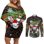 Merry Christmas Rabbitohs Couples Matching Off Shoulder Short Dress and Long Sleeve Button Shirt Aboriginal Santa Rugby Mascot - South Sydney Bunnies
