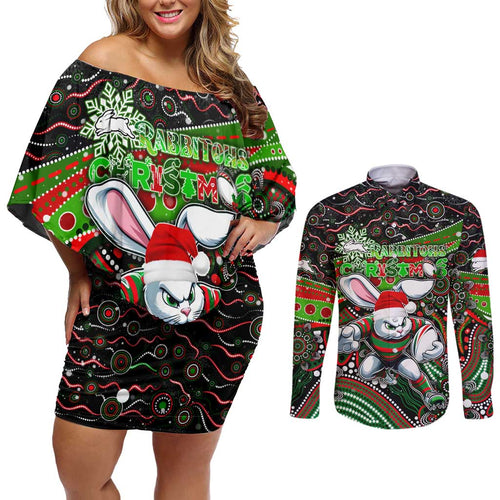 Merry Christmas Rabbitohs Couples Matching Off Shoulder Short Dress and Long Sleeve Button Shirt Aboriginal Santa Rugby Mascot - South Sydney Bunnies