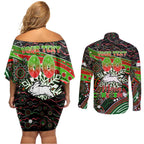 Merry Christmas Rabbitohs Couples Matching Off Shoulder Short Dress and Long Sleeve Button Shirt Aboriginal Santa Rugby Mascot - South Sydney Bunnies