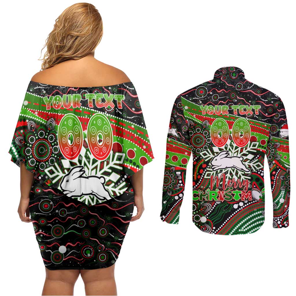 Merry Christmas Rabbitohs Couples Matching Off Shoulder Short Dress and Long Sleeve Button Shirt Aboriginal Santa Rugby Mascot - South Sydney Bunnies