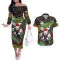 Merry Christmas Rabbitohs Couples Matching Off The Shoulder Long Sleeve Dress and Hawaiian Shirt Aboriginal Santa Rugby Mascot - South Sydney Bunnies
