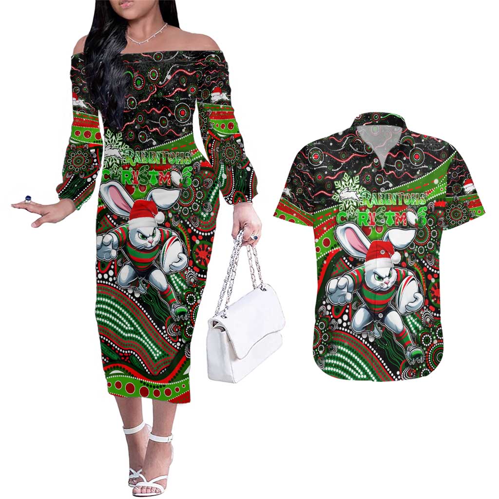 Merry Christmas Rabbitohs Couples Matching Off The Shoulder Long Sleeve Dress and Hawaiian Shirt Aboriginal Santa Rugby Mascot - South Sydney Bunnies