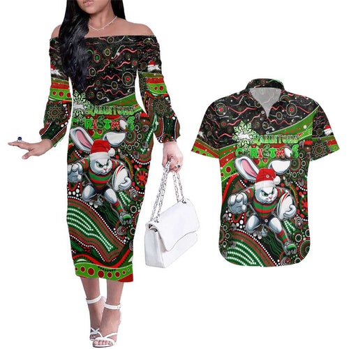 Merry Christmas Rabbitohs Couples Matching Off The Shoulder Long Sleeve Dress and Hawaiian Shirt Aboriginal Santa Rugby Mascot - South Sydney Bunnies
