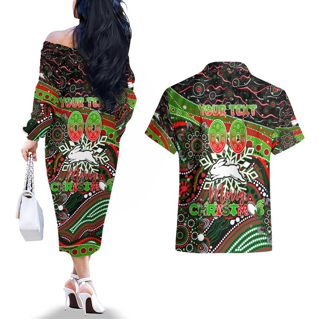 Merry Christmas Rabbitohs Couples Matching Off The Shoulder Long Sleeve Dress and Hawaiian Shirt Aboriginal Santa Rugby Mascot - South Sydney Bunnies