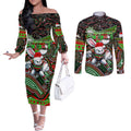 Merry Christmas Rabbitohs Couples Matching Off The Shoulder Long Sleeve Dress and Long Sleeve Button Shirt Aboriginal Santa Rugby Mascot - South Sydney Bunnies