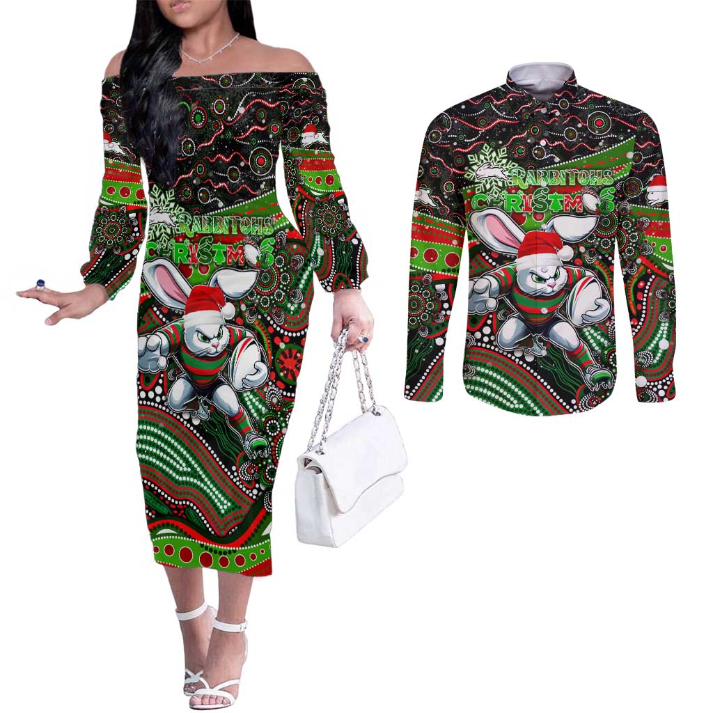 Merry Christmas Rabbitohs Couples Matching Off The Shoulder Long Sleeve Dress and Long Sleeve Button Shirt Aboriginal Santa Rugby Mascot - South Sydney Bunnies