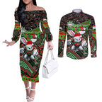 Merry Christmas Rabbitohs Couples Matching Off The Shoulder Long Sleeve Dress and Long Sleeve Button Shirt Aboriginal Santa Rugby Mascot - South Sydney Bunnies