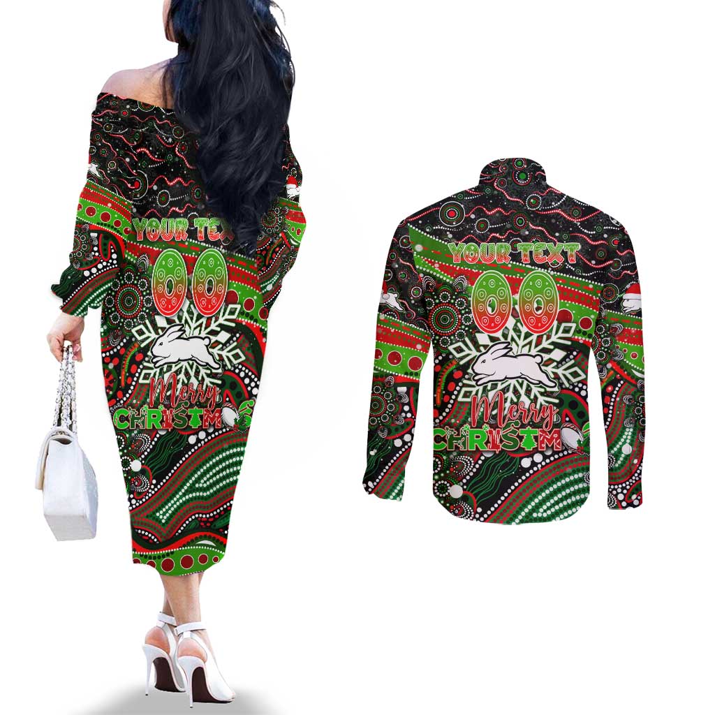 Merry Christmas Rabbitohs Couples Matching Off The Shoulder Long Sleeve Dress and Long Sleeve Button Shirt Aboriginal Santa Rugby Mascot - South Sydney Bunnies