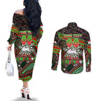 Merry Christmas Rabbitohs Couples Matching Off The Shoulder Long Sleeve Dress and Long Sleeve Button Shirt Aboriginal Santa Rugby Mascot - South Sydney Bunnies