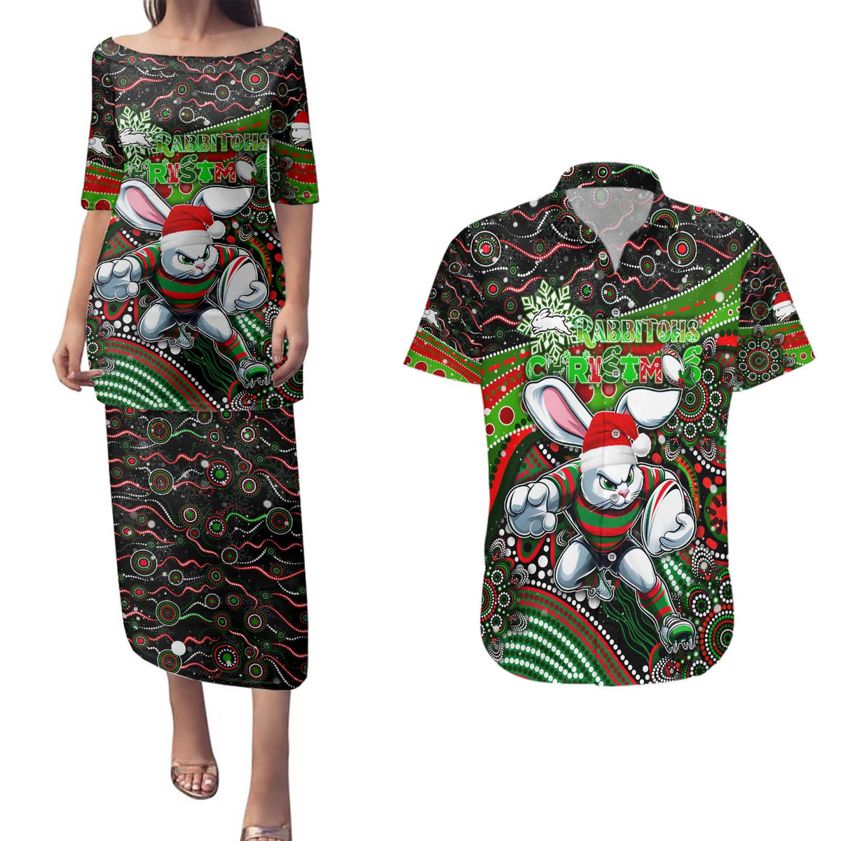 Merry Christmas Rabbitohs Couples Matching Puletasi and Hawaiian Shirt Aboriginal Santa Rugby Mascot - South Sydney Bunnies