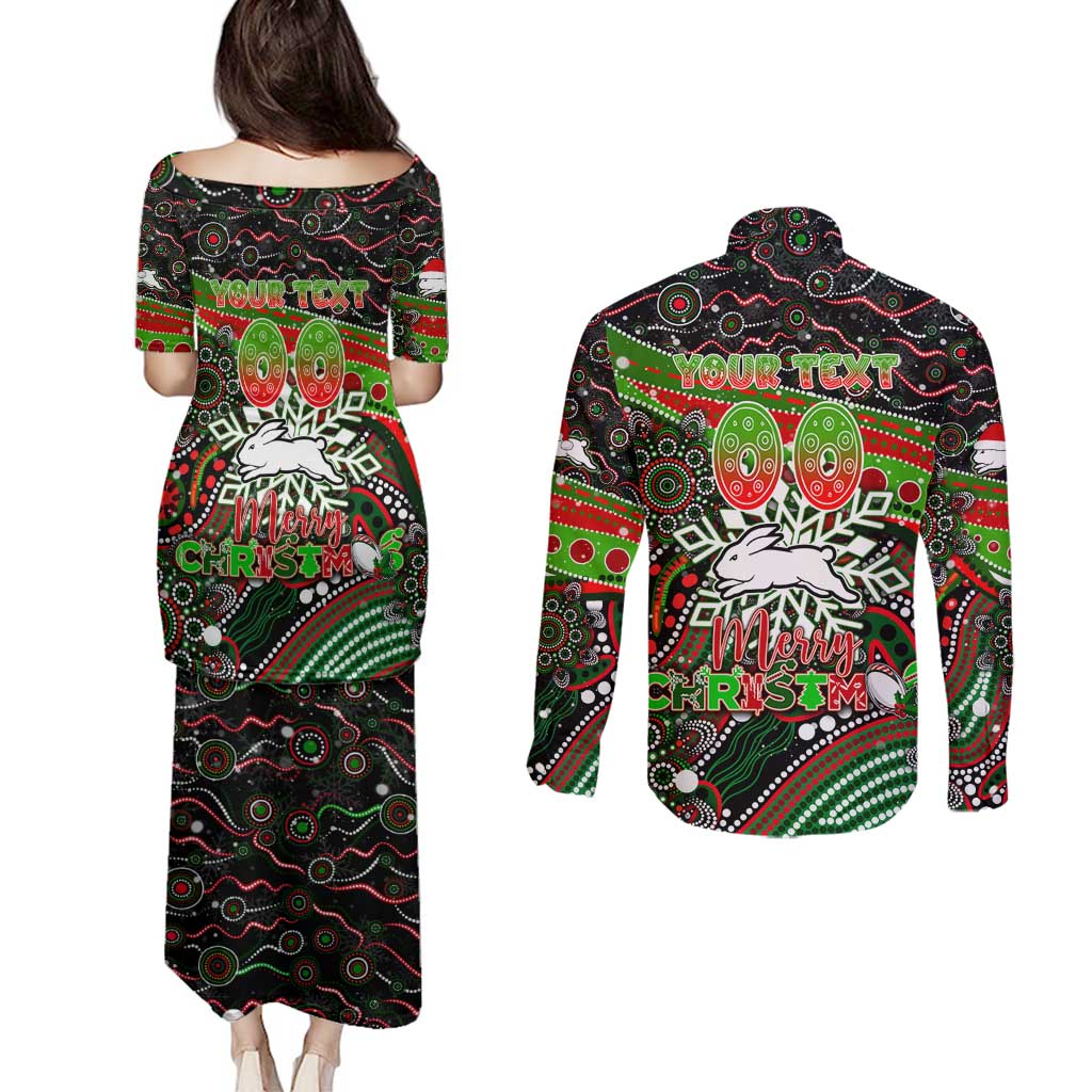 Merry Christmas Rabbitohs Couples Matching Puletasi and Long Sleeve Button Shirt Aboriginal Santa Rugby Mascot - South Sydney Bunnies