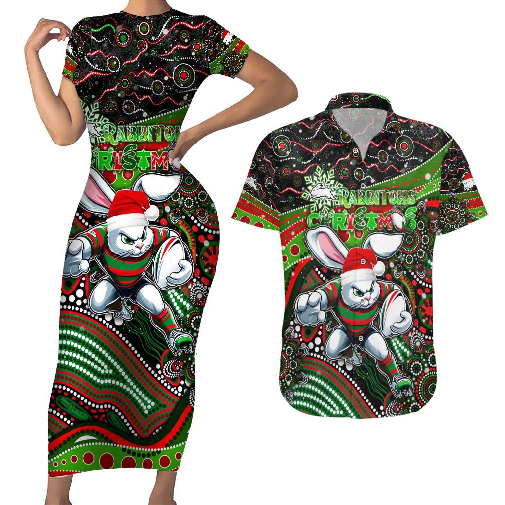 Merry Christmas Rabbitohs Couples Matching Short Sleeve Bodycon Dress and Hawaiian Shirt Aboriginal Santa Rugby Mascot - South Sydney Bunnies