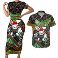 Merry Christmas Rabbitohs Couples Matching Short Sleeve Bodycon Dress and Hawaiian Shirt Aboriginal Santa Rugby Mascot - South Sydney Bunnies