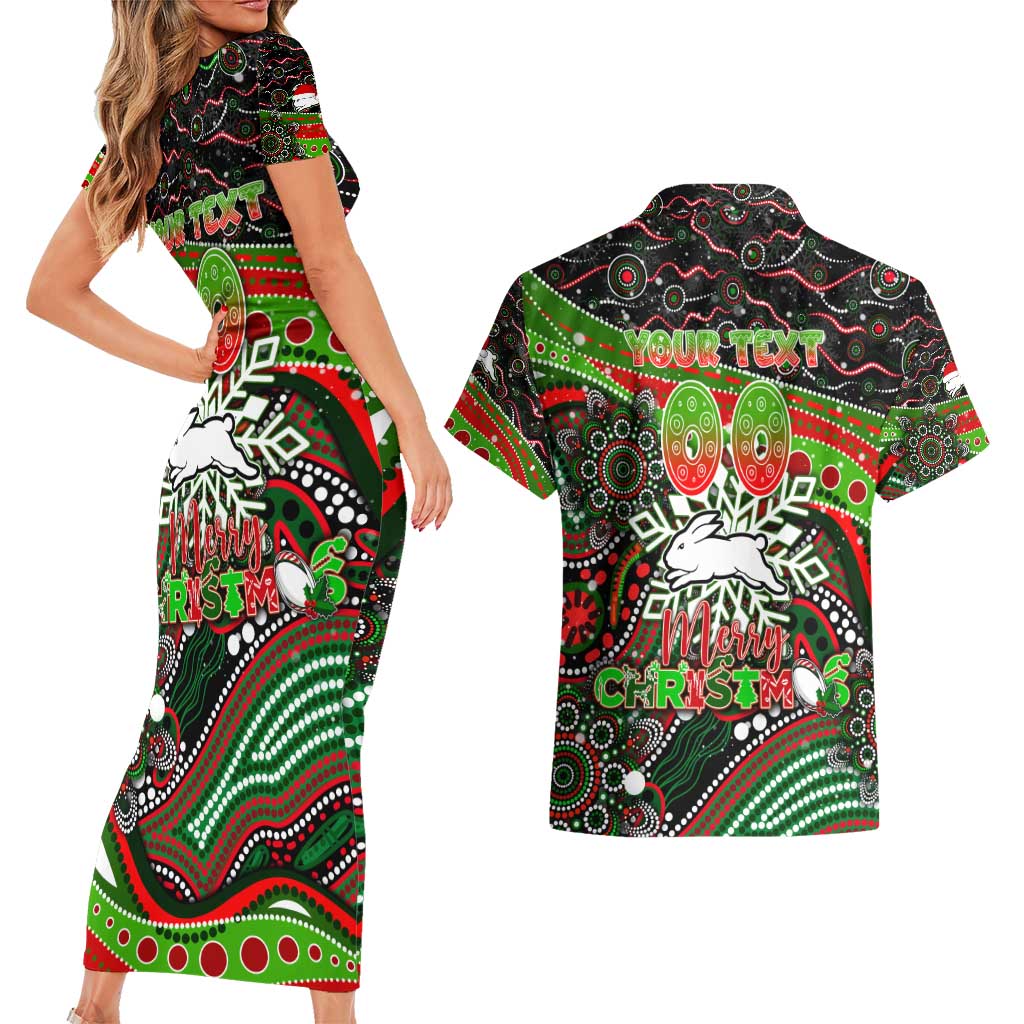 Merry Christmas Rabbitohs Couples Matching Short Sleeve Bodycon Dress and Hawaiian Shirt Aboriginal Santa Rugby Mascot - South Sydney Bunnies