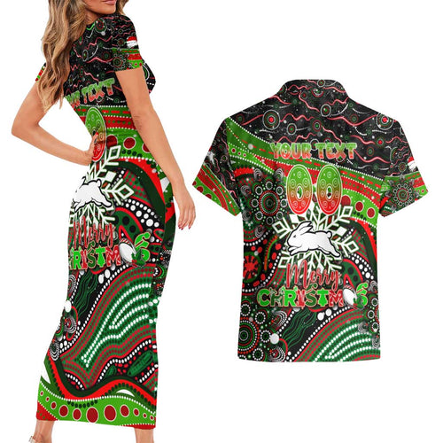 Merry Christmas Rabbitohs Couples Matching Short Sleeve Bodycon Dress and Hawaiian Shirt Aboriginal Santa Rugby Mascot - South Sydney Bunnies