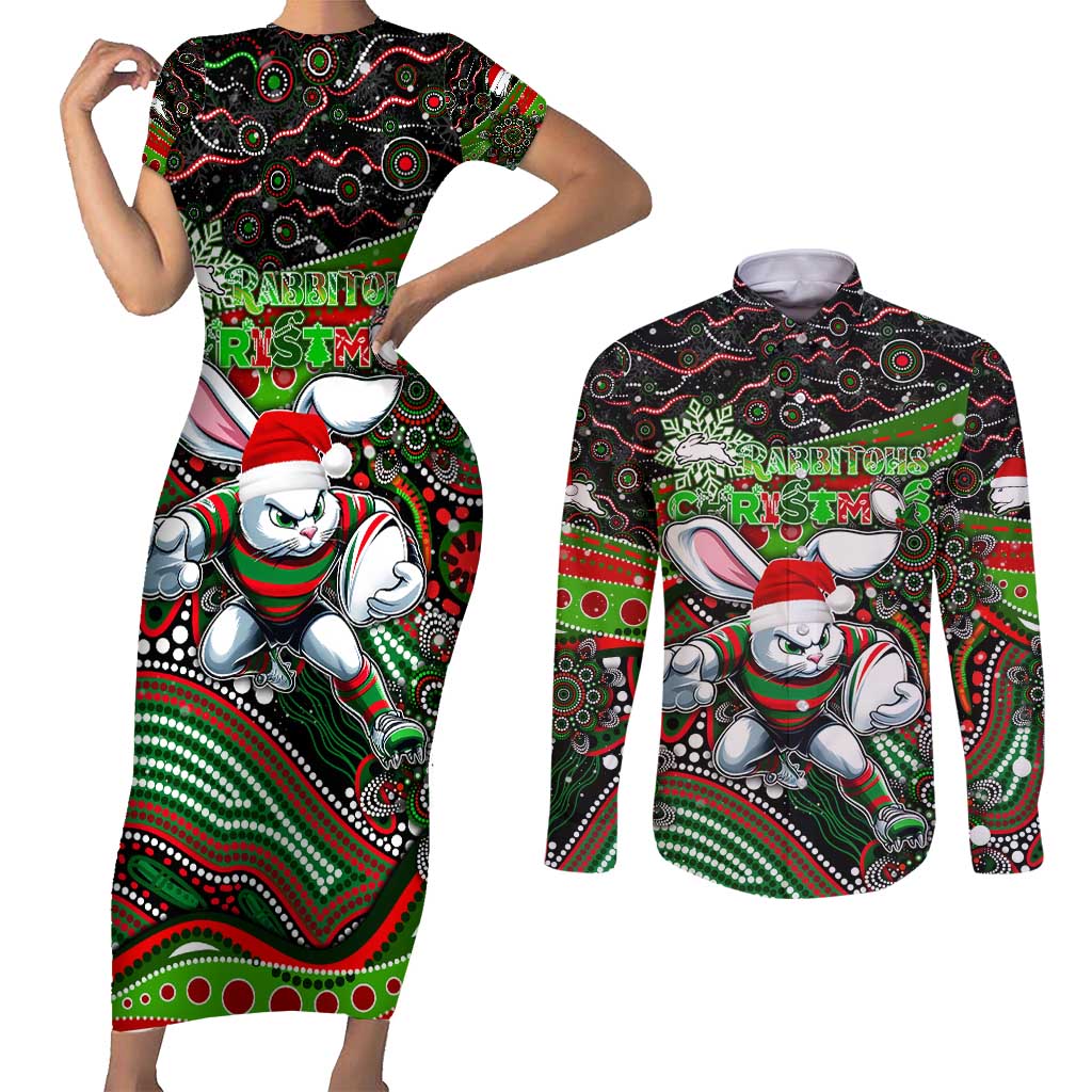 Merry Christmas Rabbitohs Couples Matching Short Sleeve Bodycon Dress and Long Sleeve Button Shirt Aboriginal Santa Rugby Mascot - South Sydney Bunnies