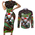 Merry Christmas Rabbitohs Couples Matching Short Sleeve Bodycon Dress and Long Sleeve Button Shirt Aboriginal Santa Rugby Mascot - South Sydney Bunnies