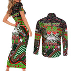 Merry Christmas Rabbitohs Couples Matching Short Sleeve Bodycon Dress and Long Sleeve Button Shirt Aboriginal Santa Rugby Mascot - South Sydney Bunnies