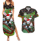 Merry Christmas Rabbitohs Couples Matching Summer Maxi Dress and Hawaiian Shirt Aboriginal Santa Rugby Mascot - South Sydney Bunnies
