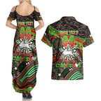 Merry Christmas Rabbitohs Couples Matching Summer Maxi Dress and Hawaiian Shirt Aboriginal Santa Rugby Mascot - South Sydney Bunnies
