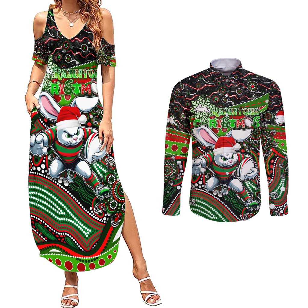 Merry Christmas Rabbitohs Couples Matching Summer Maxi Dress and Long Sleeve Button Shirt Aboriginal Santa Rugby Mascot - South Sydney Bunnies