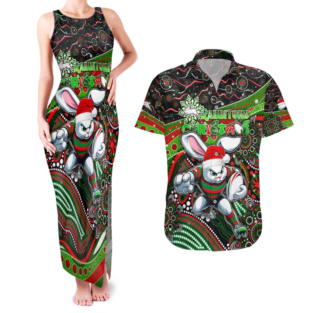 Merry Christmas Rabbitohs Couples Matching Tank Maxi Dress and Hawaiian Shirt Aboriginal Santa Rugby Mascot - South Sydney Bunnies