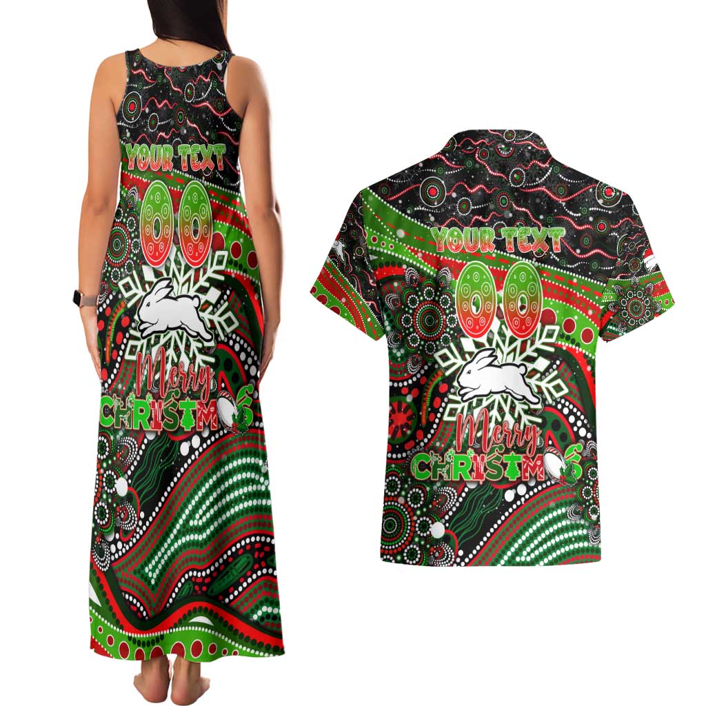 Merry Christmas Rabbitohs Couples Matching Tank Maxi Dress and Hawaiian Shirt Aboriginal Santa Rugby Mascot - South Sydney Bunnies