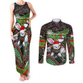 Merry Christmas Rabbitohs Couples Matching Tank Maxi Dress and Long Sleeve Button Shirt Aboriginal Santa Rugby Mascot - South Sydney Bunnies
