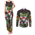 Merry Christmas Rabbitohs Couples Matching Tank Maxi Dress and Long Sleeve Button Shirt Aboriginal Santa Rugby Mascot - South Sydney Bunnies