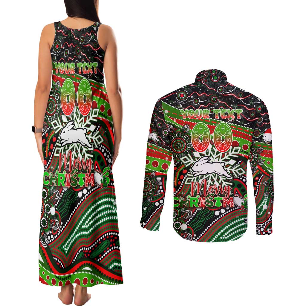 Merry Christmas Rabbitohs Couples Matching Tank Maxi Dress and Long Sleeve Button Shirt Aboriginal Santa Rugby Mascot - South Sydney Bunnies