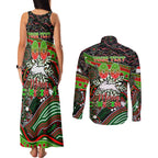 Merry Christmas Rabbitohs Couples Matching Tank Maxi Dress and Long Sleeve Button Shirt Aboriginal Santa Rugby Mascot - South Sydney Bunnies