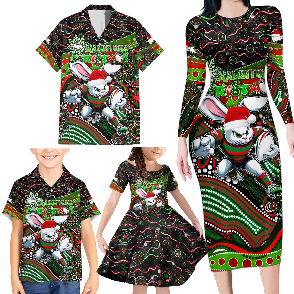 Merry Christmas Rabbitohs Family Matching Long Sleeve Bodycon Dress and Hawaiian Shirt Aboriginal Santa Rugby Mascot - South Sydney Bunnies