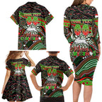 Merry Christmas Rabbitohs Family Matching Long Sleeve Bodycon Dress and Hawaiian Shirt Aboriginal Santa Rugby Mascot - South Sydney Bunnies